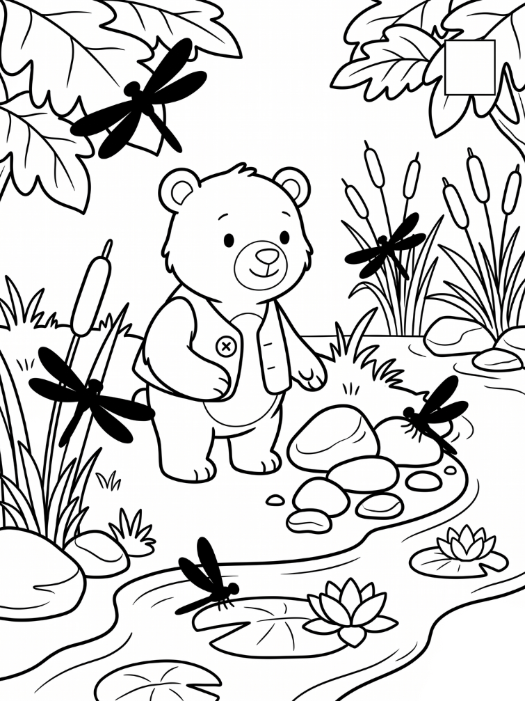 Beispielseite 1: Bär am Bach, umgeben von Libellen zum Zählen