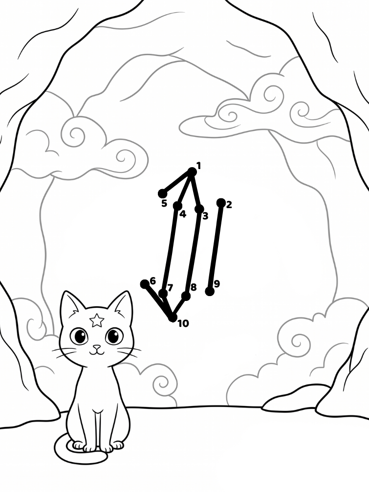 Beispielseite 3: Punkte-verbinden-Aufgabe mit einer Katze vor einer Höhle