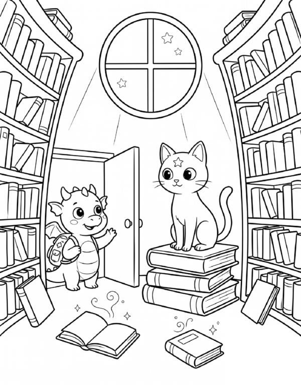 Vorschau der Bonus-Seite: Finn öffnet die Tür zur Bibliothek, in der Luna auf einem Bücherstapel sitzt